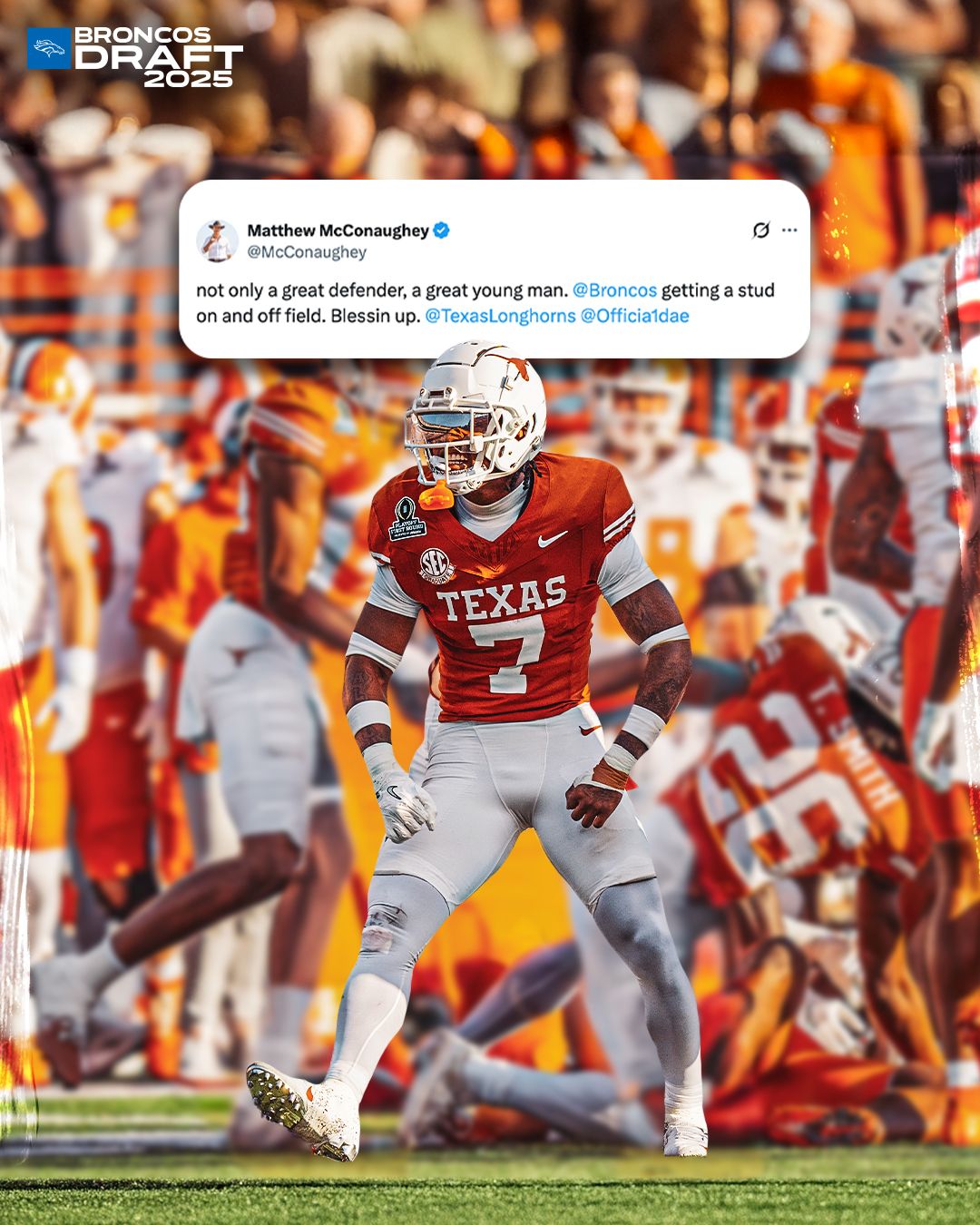 Hollywood star channels iconic catchphrase as Broncos welcome Texas Longhorn to the team