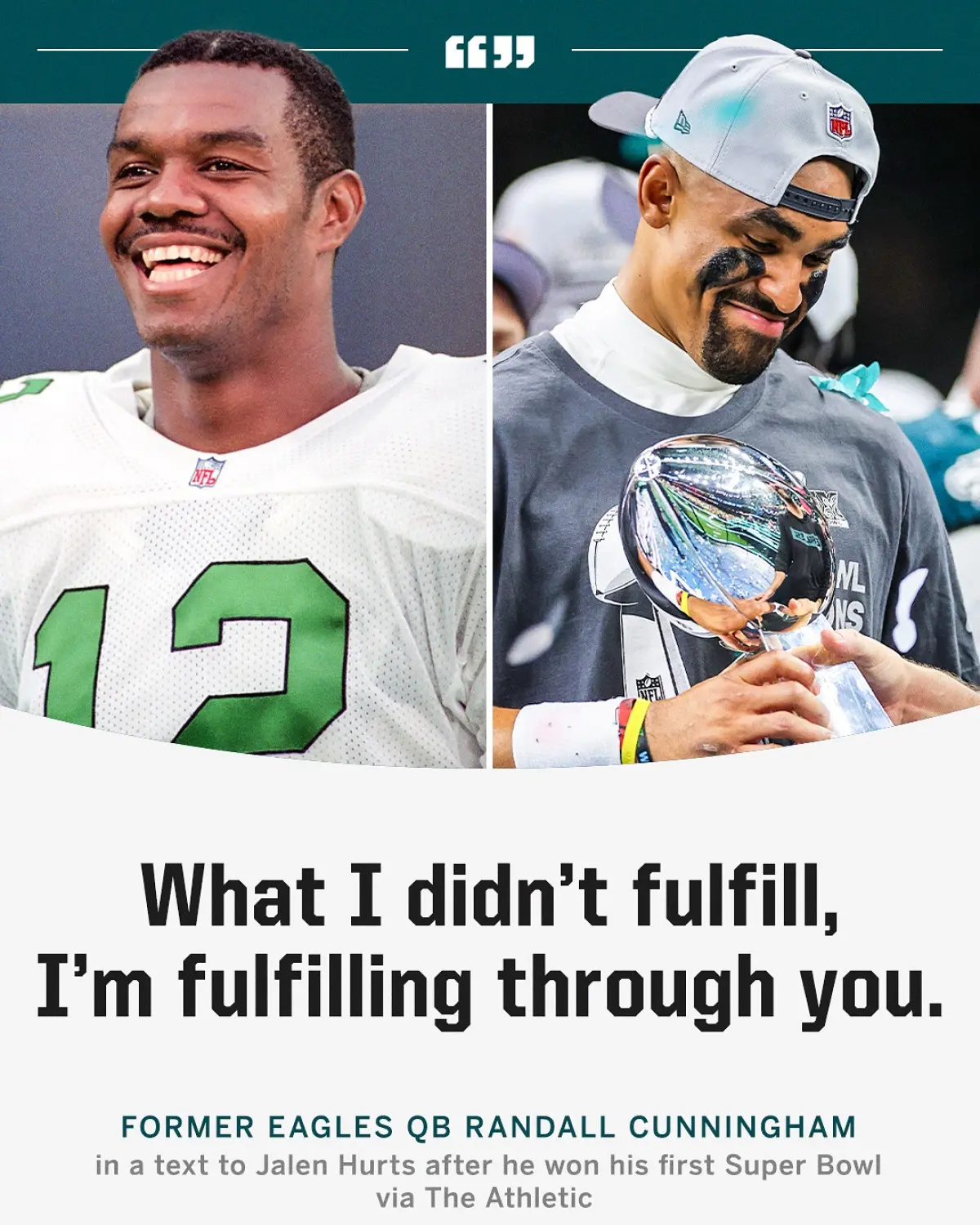 Cunningham Texts Hurts After Super Bowl Triumph Legendary Cunningham cheers Hurts now with text after his first Super Bowl win in Philly!!
