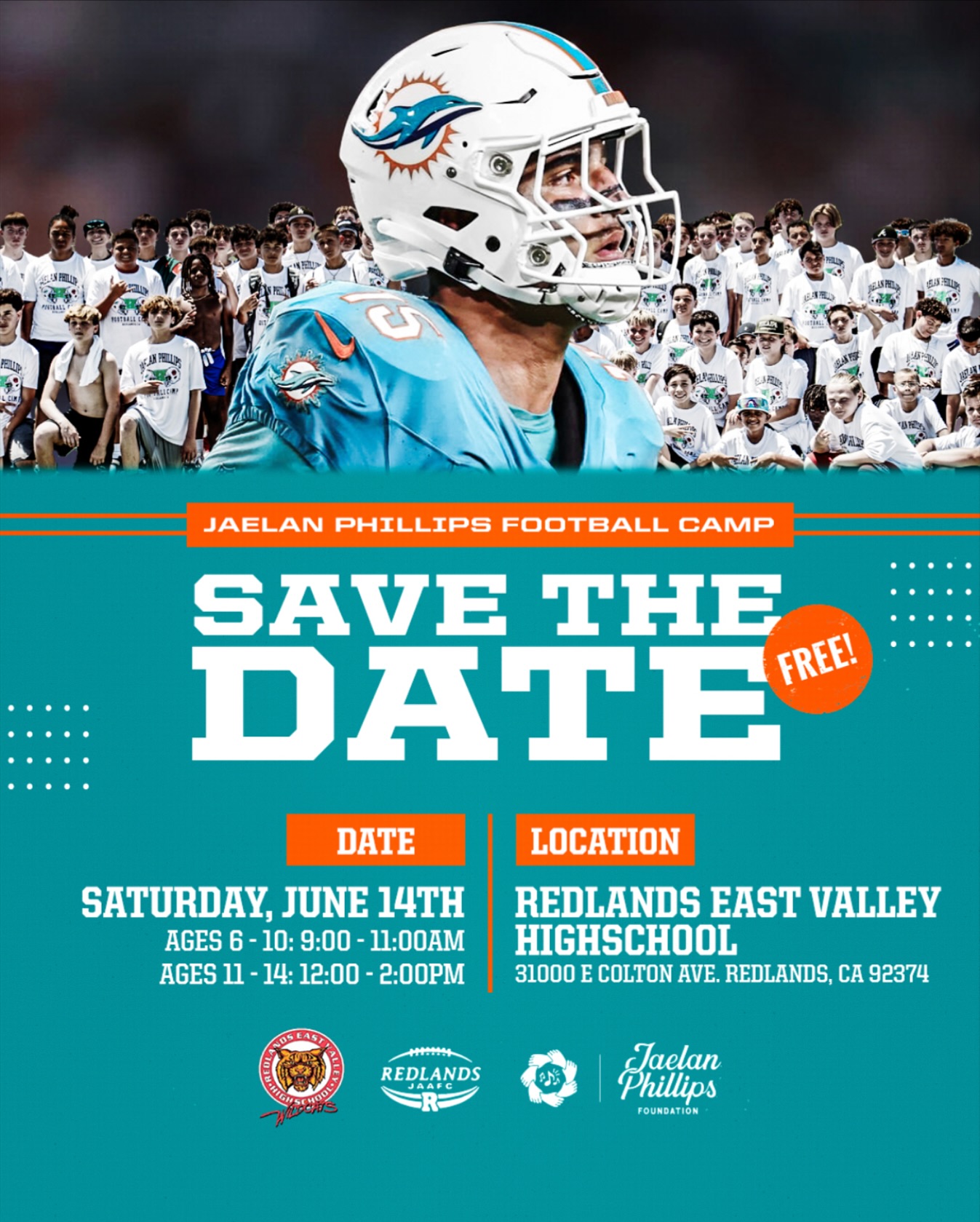 Jaelan Phillips Football Camp Registration Ends Soon Sign up now for a free camp with Jaelan Phillips at Redlands East Valley - Act fast! Hurry