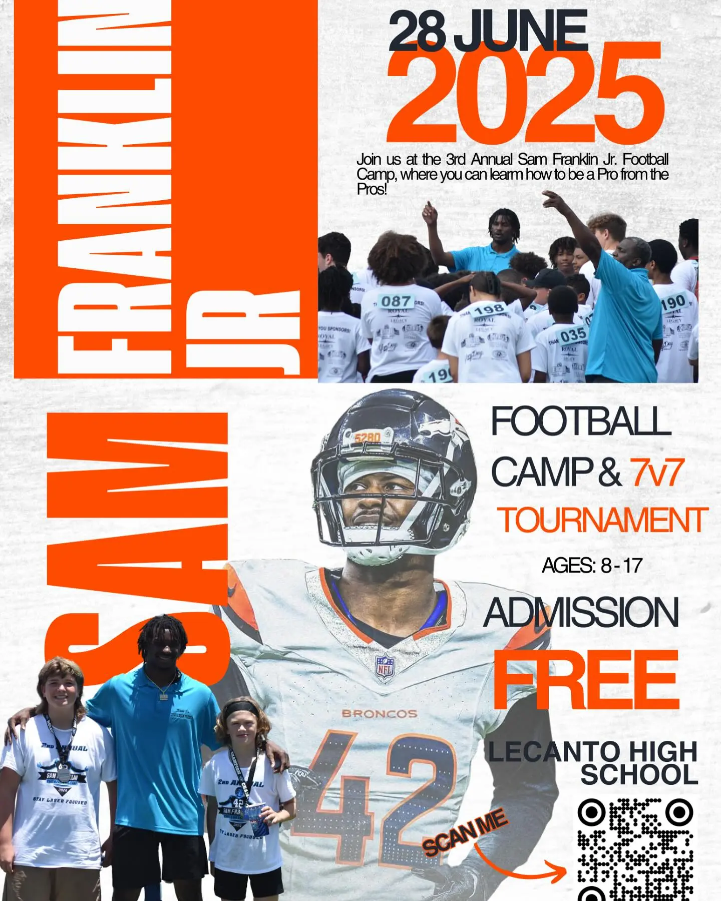 Join the free football camp on June 28 as Sam Franklin Jr. welcomes fans to hands-on training this summer